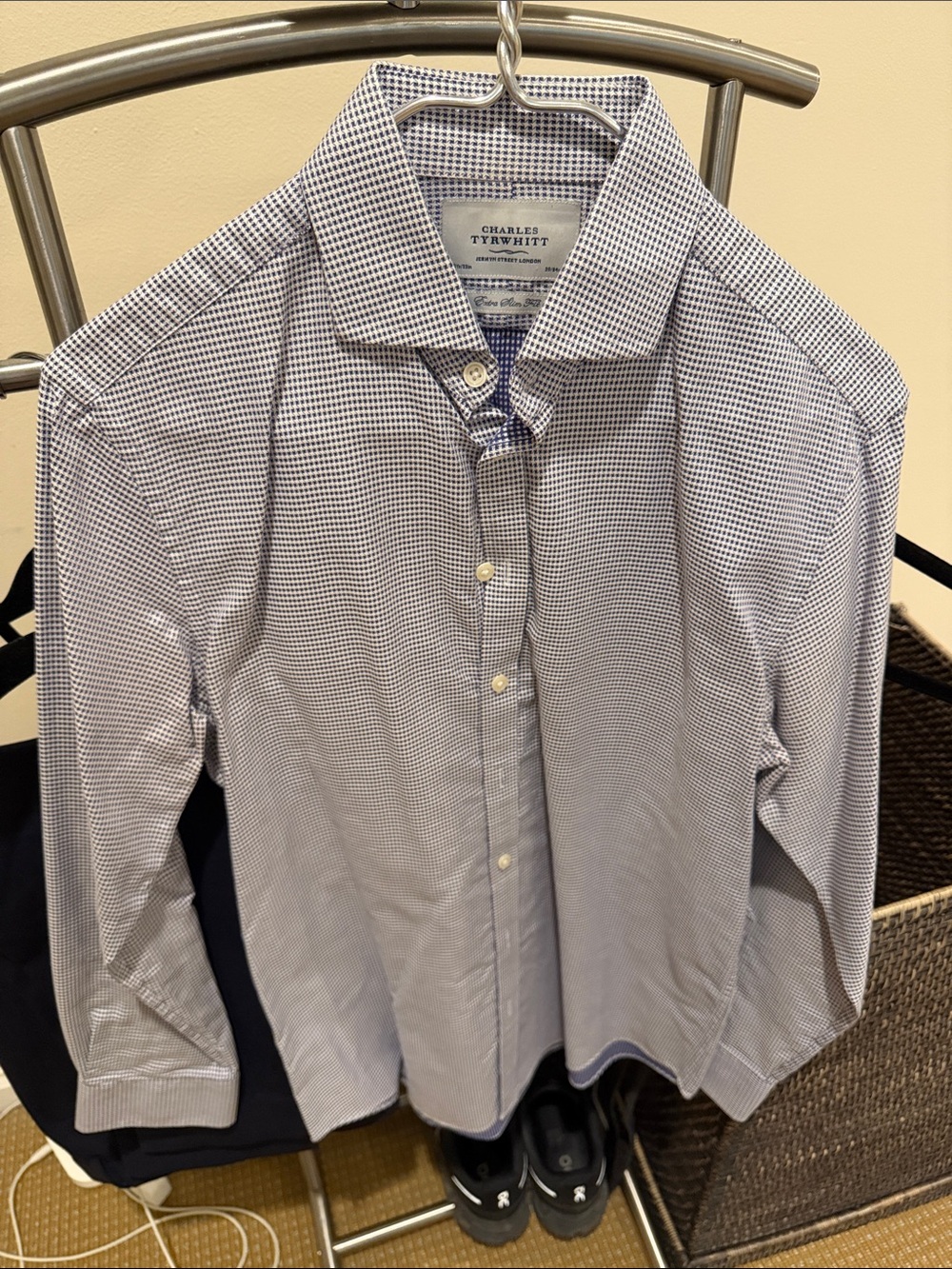 Charles Tyrwhitt Men's White and Blue Micro-Check Dress Shirt